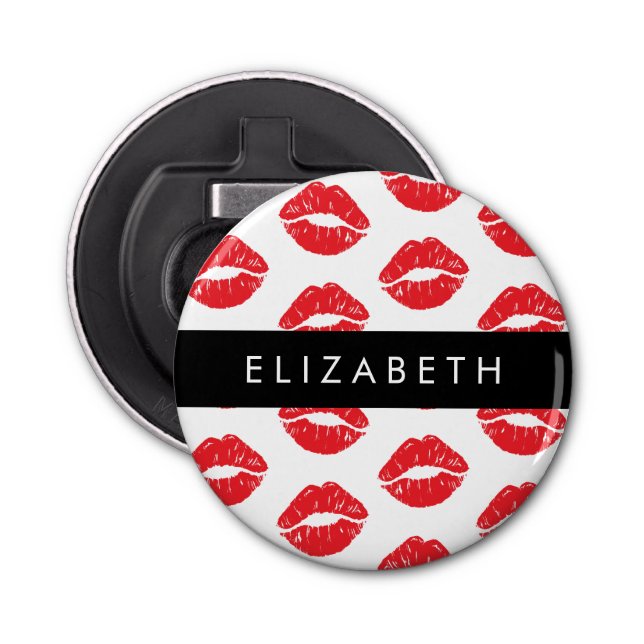 Red Lips, Red Lipstick, Pattern Of Lips, Your Name Bottle Opener (Front)