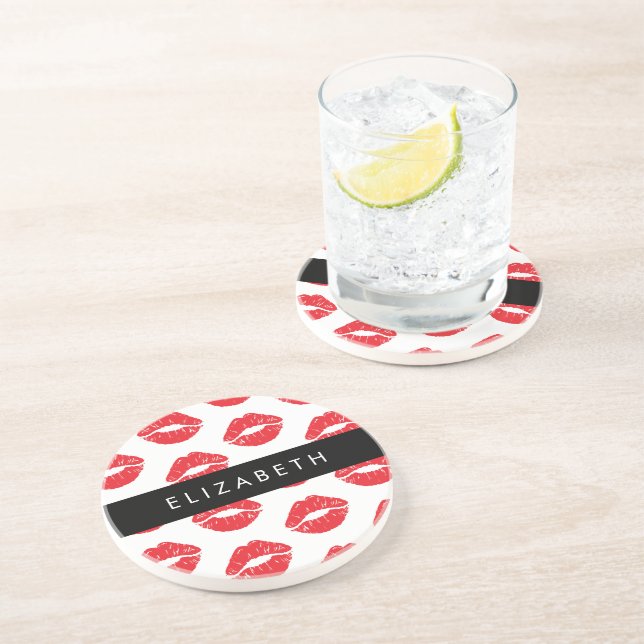 Red Lips, Red Lipstick, Pattern Of Lips, Your Name Coaster (Side)