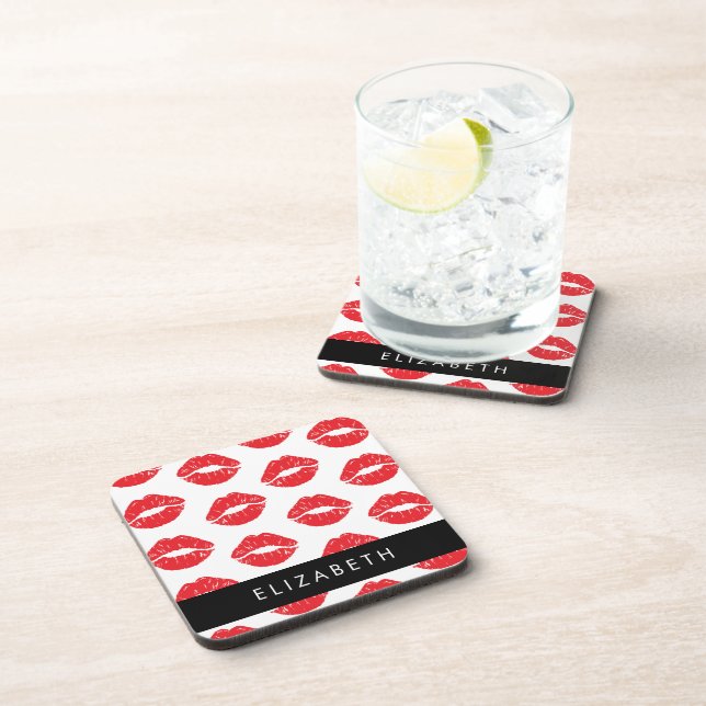 Red Lips, Red Lipstick, Pattern Of Lips, Your Name Coaster (Right Side)