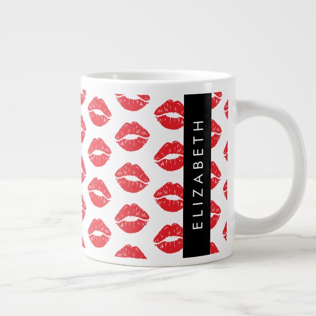 Red Lips, Red Lipstick, Pattern Of Lips, Your Name Large Coffee Mug (Right)