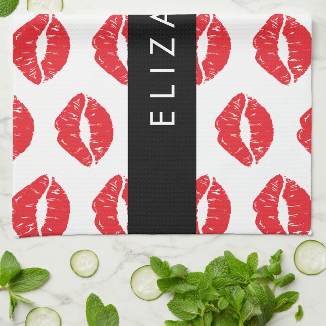 Red Lips, Red Lipstick, Pattern Of Lips, Your Name Tea Towel (Folded)