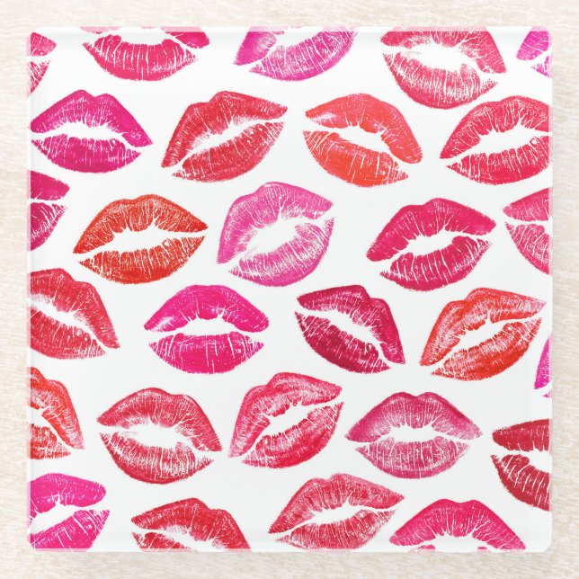 Red lips set, white background. glass coaster (Front)