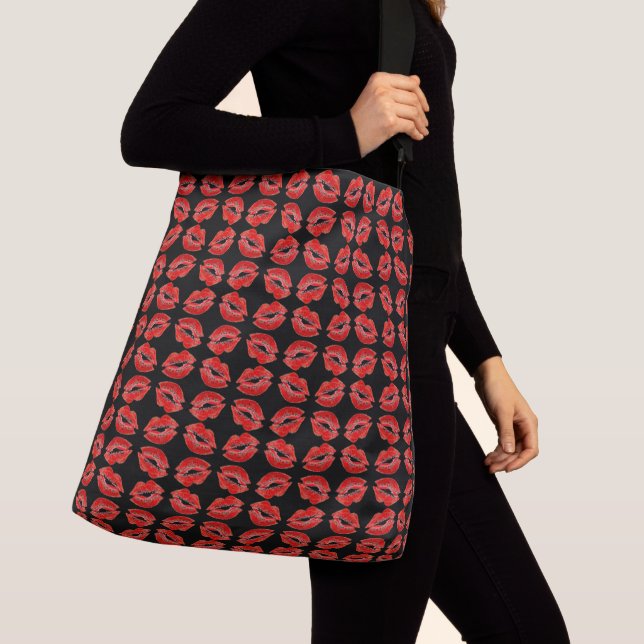 Red Lips Smacking Kisses Crossbody Bag (Close Up)