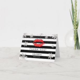 Red Lips Snowflakes Modern Stripes Thank You Card