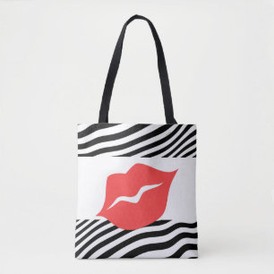 Red Lips Zebra Stripes Tote Bag