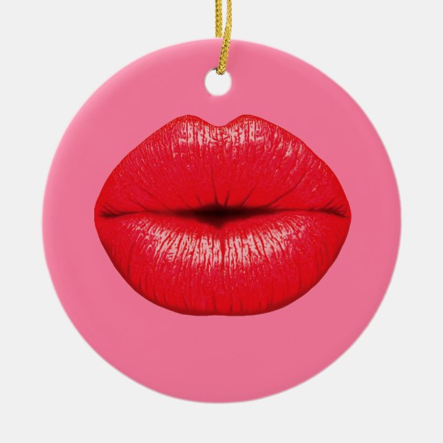 Red Lipstick big pop art lips on girly pink Ceramic Ornament (Front)