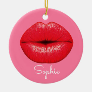 Red Lipstick big pop art lips on girly pink name Ceramic Ornament