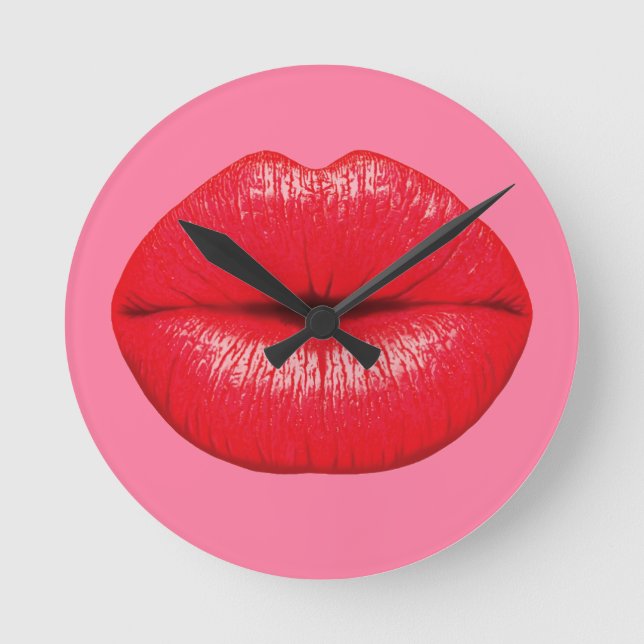 Red Lipstick big pop art lips on girly pink Round Clock (Front)