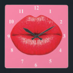 Red Lipstick big pop art lips on girly pink Square Wall Clock<br><div class="desc">A design based on pop art of large red lips with lipstick supersized against a girly candy pink coloured background. The background colour can be customised and changed to any bright colour that would suit yout décor.</div>