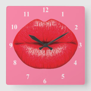 Red Lipstick big pop art lips on girly pink Square Wall Clock