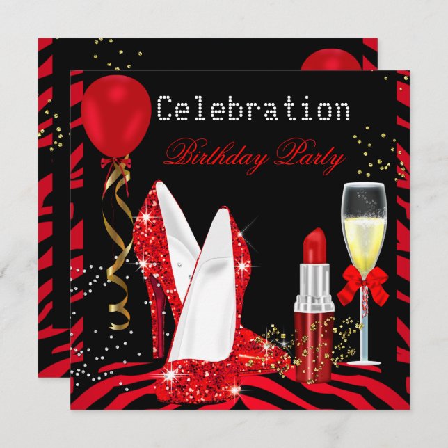 Red Lipstick Glitter Zebra Birthday Party Invitation (Front/Back)