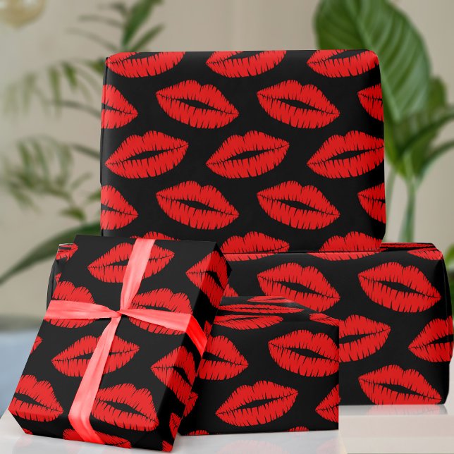 Red Lipstick Kiss Pattern Black Wrapping Paper (Perfect wrapping paper for Valentine's Day or any time you need to wrap a gift in lots of kisses)