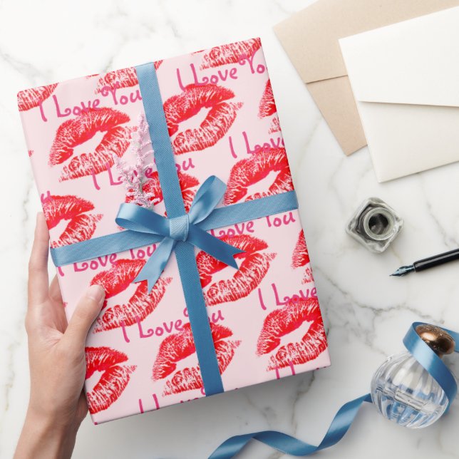 Red Lipstick Kisses I Love You Wrapping Paper (Gifting)
