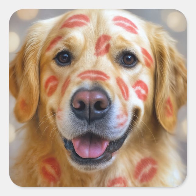 Red Lipstick Kisses On a Golden Retriever Square Sticker (Front)