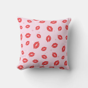 Red Lipstick Kisses on Pink Background Pattern Cushion