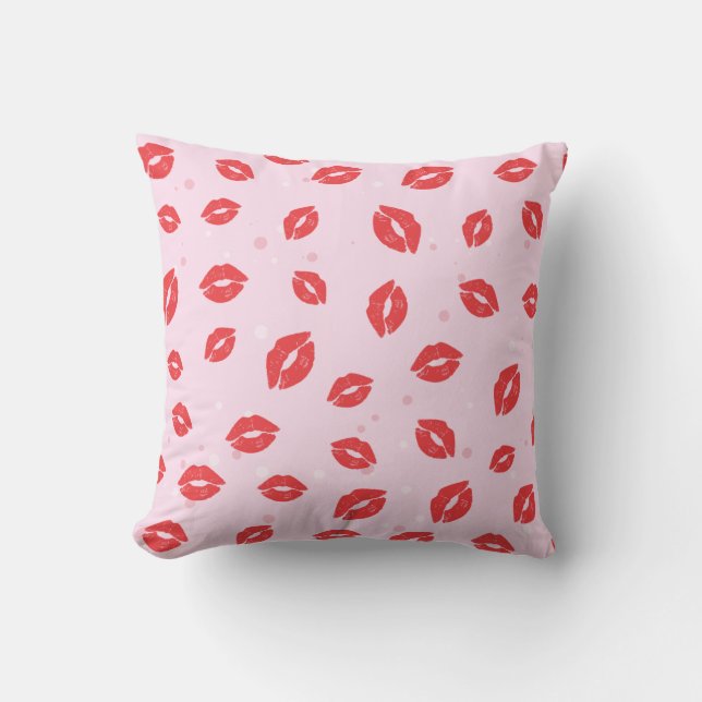 Red Lipstick Kisses on Pink Background Pattern Cushion (Front)