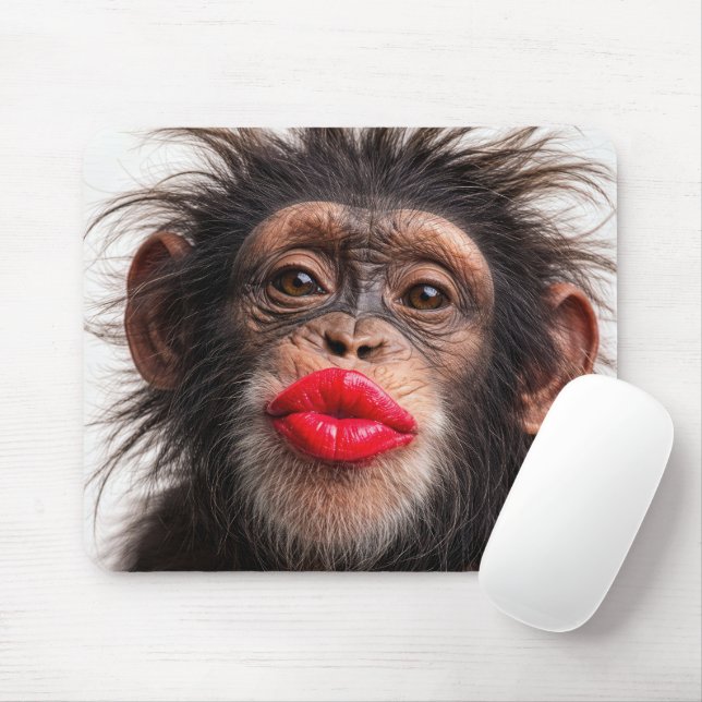 Red Lipstick on a Chimpanzee Mouse Pad (With Mouse)