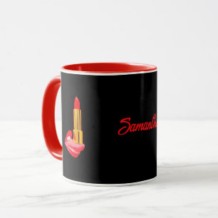 Red Lipstick on The Tongue Black with Custom Name Mug