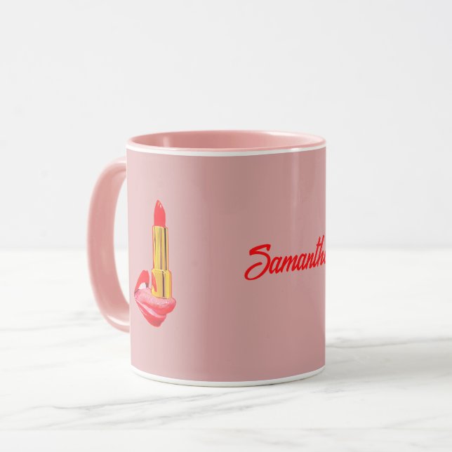 Red Lipstick on The Tongue Pink with Custom Name Mug (Front Left)