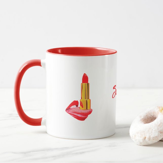 Red Lipstick on The Tongue with Personalisation Mug (With Donut)