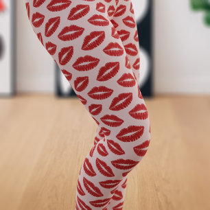 Red Lipstick Print Kiss Pattern on Pink Leggings
