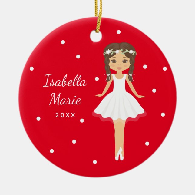 Red Little Girl Ballerina Personalised Ballet Ceramic Ornament (Front)