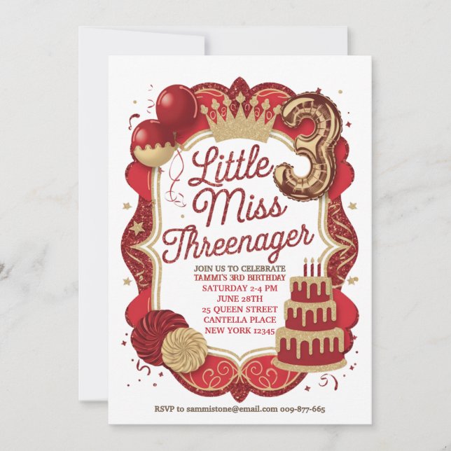 Red Little Miss Threenager Invitation  (Front)