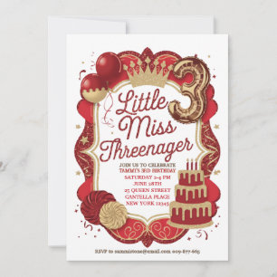 Red Little Miss Threenager Invitation 