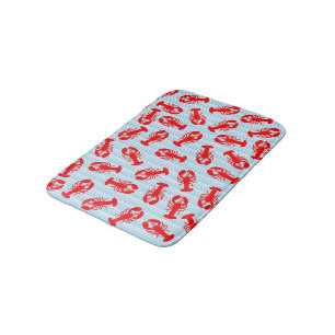 Red Lobster Animal Pattern on Blue Stripes Bath Mat