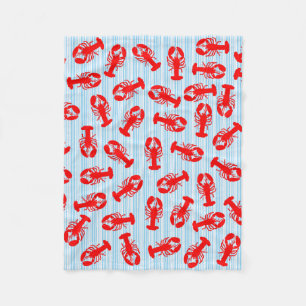 Red Lobster Animal Pattern on Blue Stripes Fleece Blanket