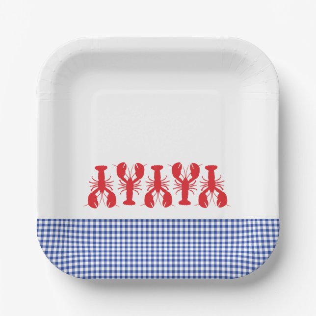 Red Lobster Blue White Gingham Coastal Party Plate (Front)