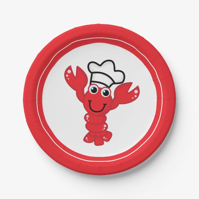 Red Lobster Chef Hat Cute Cartoon Illustration Paper Plate (Front)