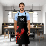 Red lobster crawfish boil party name chef cook apron<br><div class="desc">Nautical,  summer and sea food theme.  A red lobster on a black background. The text: Chef wiht a modern white hand lettered style script. Personalise and add your name.</div>