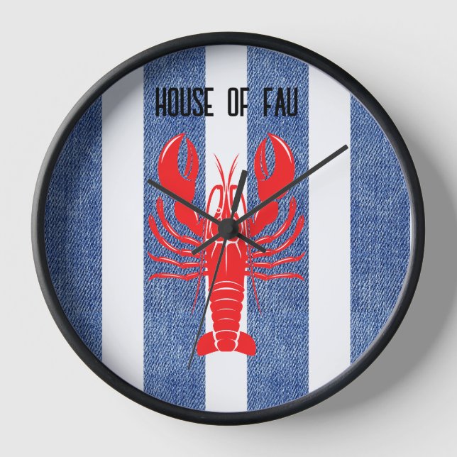 Red Lobster on Blue & White Denim Stripes Clock (Front)