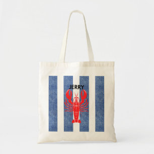 Red Lobster on Blue & White Denim Stripes Tote Bag
