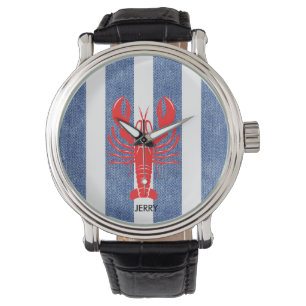 Red Lobster on Blue & White Denim Stripes Watch