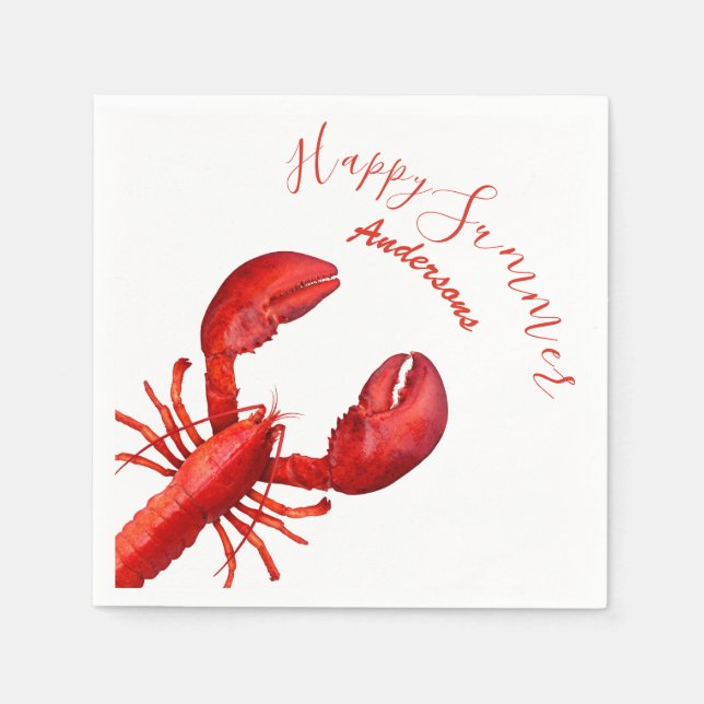 Red lobster on white happy summer name napkin (Front)