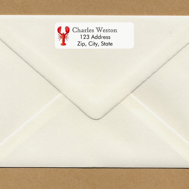 Red lobster on white return address label (Creator Uploaded)