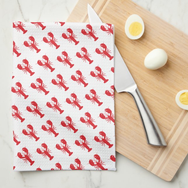 Red Lobster Pattern Coastal Beach Ocean Fun Tea Towel (Quarter Fold)