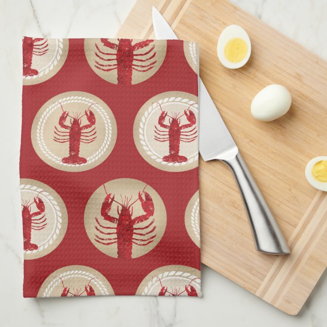 Red Lobster Pattern - Nautical Ocean Seafood Tea Towel (Quarter Fold)