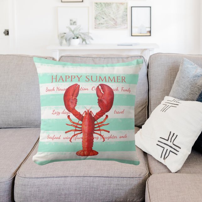 Red lobster turquoise white nautical stripes cushion (Creator Uploaded)
