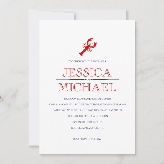 Red Lobster Wedding Navy Blue Nautical Theme Invitation (Front)