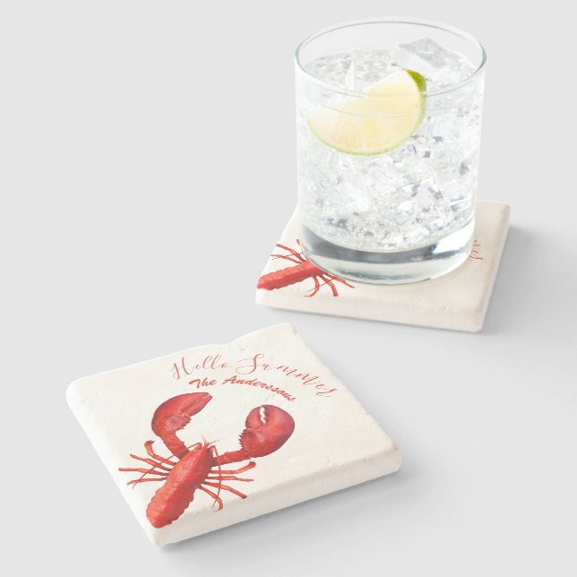 Red lobster white hello summer name seafood stone coaster (Side)