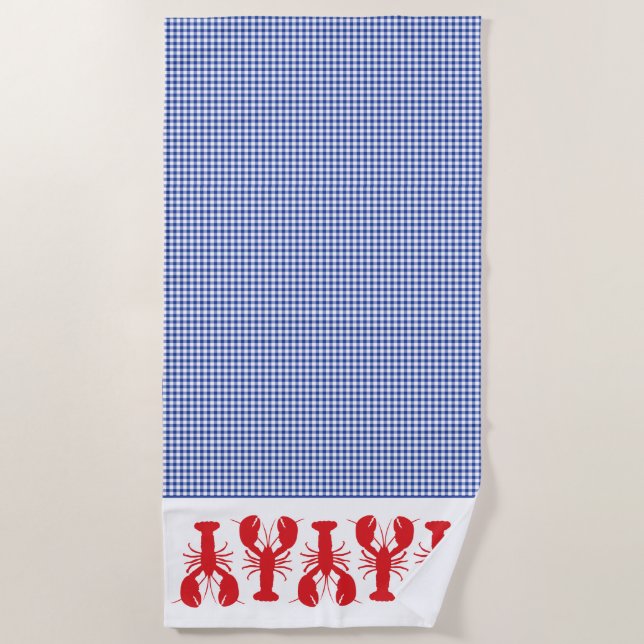 Red Lobsters Blue White Check Coastal Travel Beach Towel (Front)