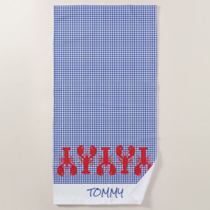 Red Lobsters Blue White Check Name Family Reunion Beach Towel
