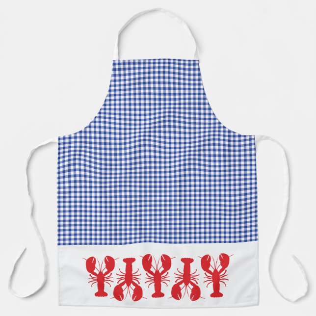 Red Lobsters Blue White Gingham Coastal Cook Grill Apron (Front)
