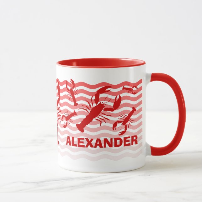 Red lobsters in red waves, fun mug (Right)