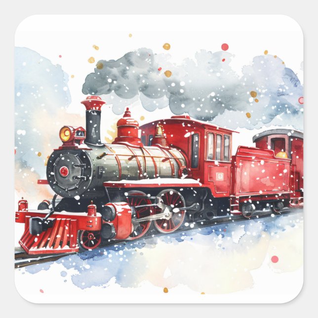  Red Locomotive In Winter Square Sticker (Front)