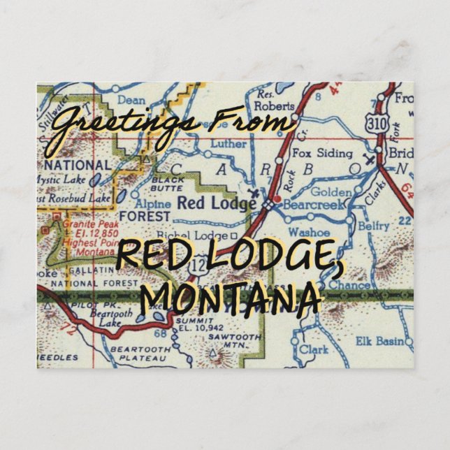 Red Lodge MT Vintage Map Postcard (Front)