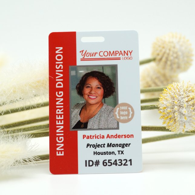 Red Logo Entry Employee Photo ID ID Badge (red employee badge, lanyard id, red logo, door pass card, entrance identification photo clearance)